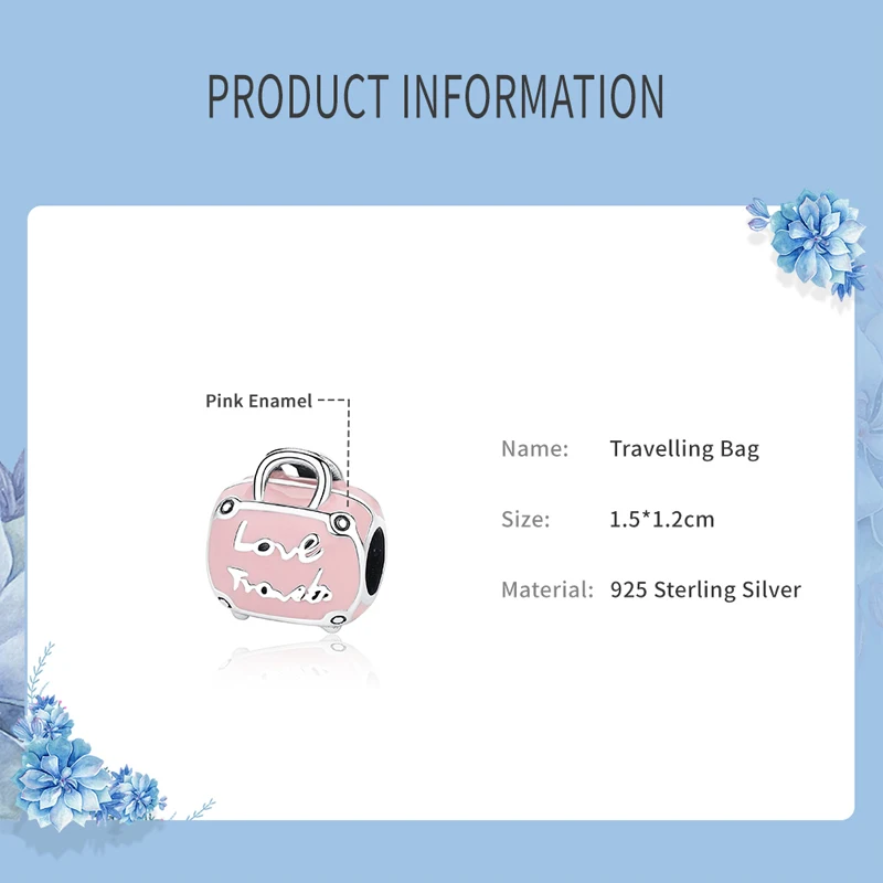 

Authentic 100% 925 Sterling Silver Bead Charm Pink Love Travel Bag Charms Fit Original Bracelets Women DIY Jewelry