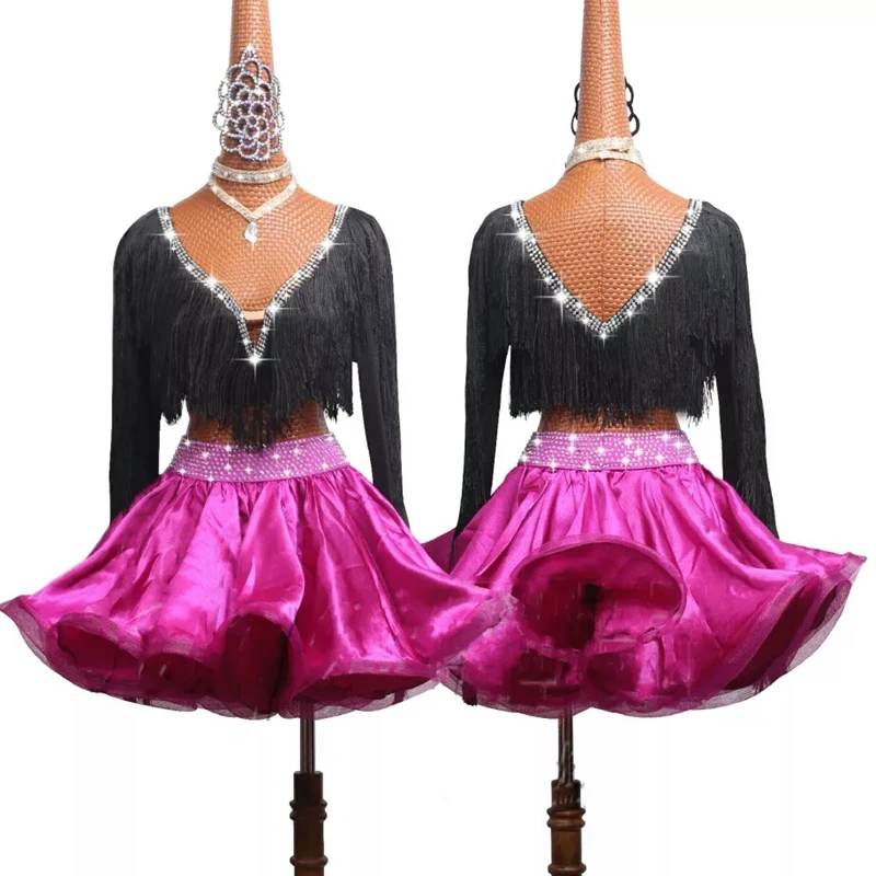 

Deluxe Girls Latin Dance Performance Costume Competition Dance Dress Child Lady's Tassel Crop Tops and Fishbone Skirt 2 Pcs Set