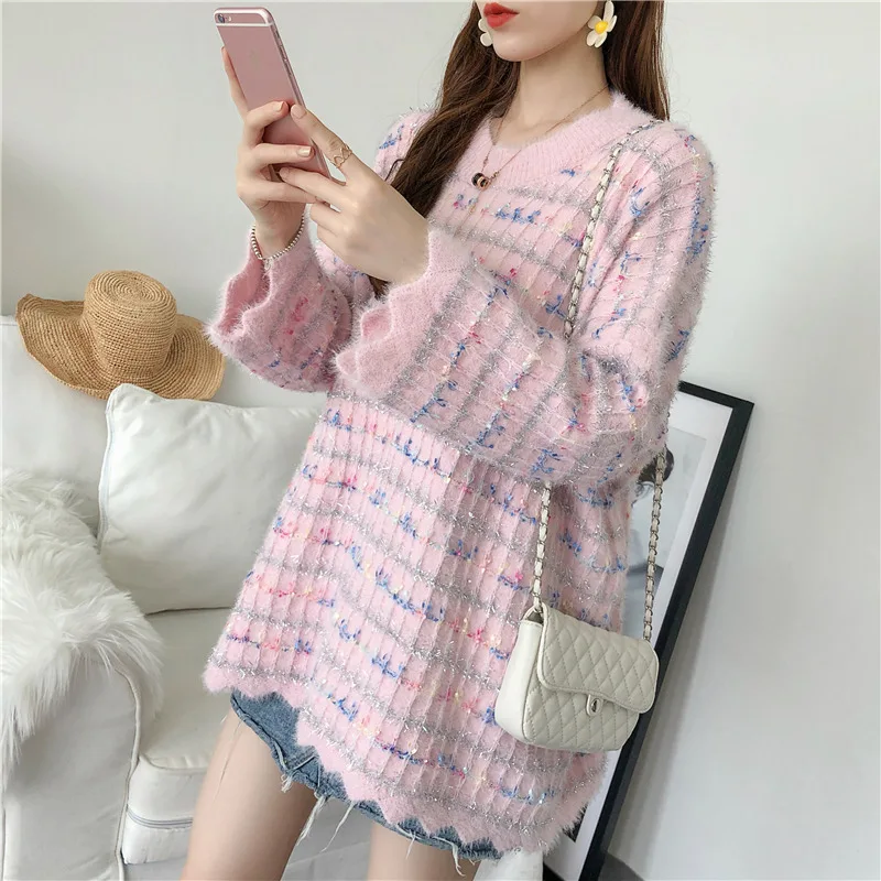 Women Sweaters Loose Casual New Harajuku Kawaii Cute Sweet Pink Nice Striped Oversize Knit Pullover CC396 | Женская одежда