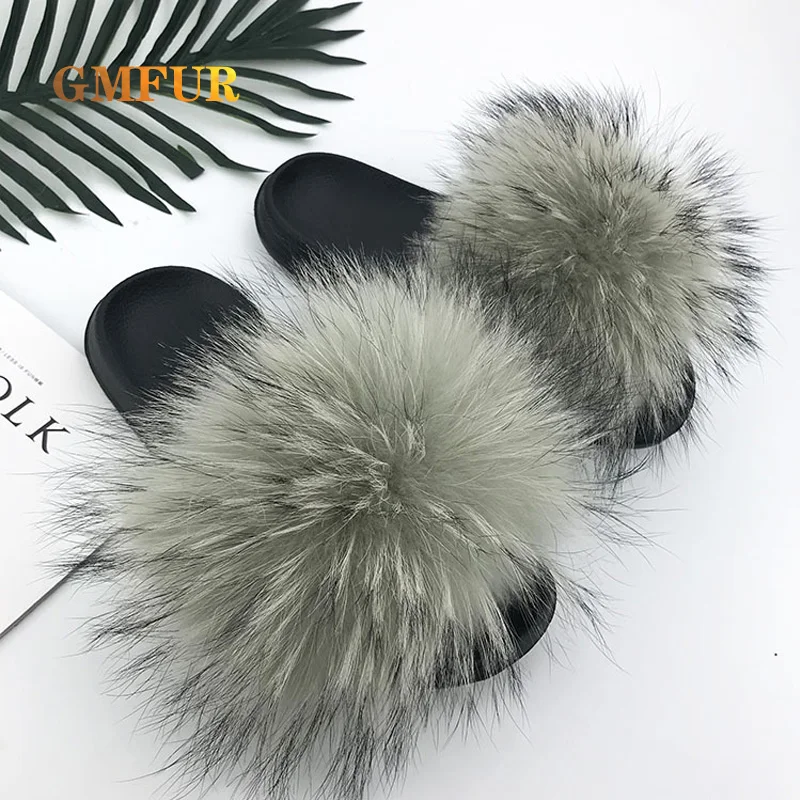 New Style Raccoon Fur Slides For Men And Women Plush Indoor Platform Slippers Outdoor Fuzzy Non-slip Cute Sandals Family Slippe images - 6