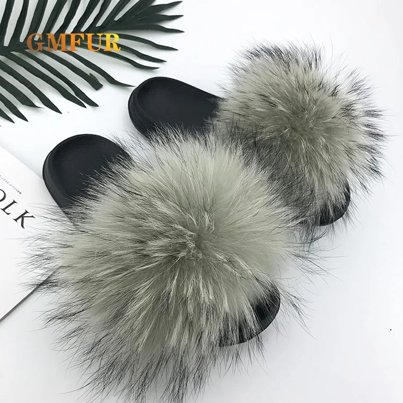 

New Style Raccoon Fur Slides For Men And Women Plush Indoor Platform Slippers Outdoor Fuzzy Non-slip Cute Sandals Family Slippe