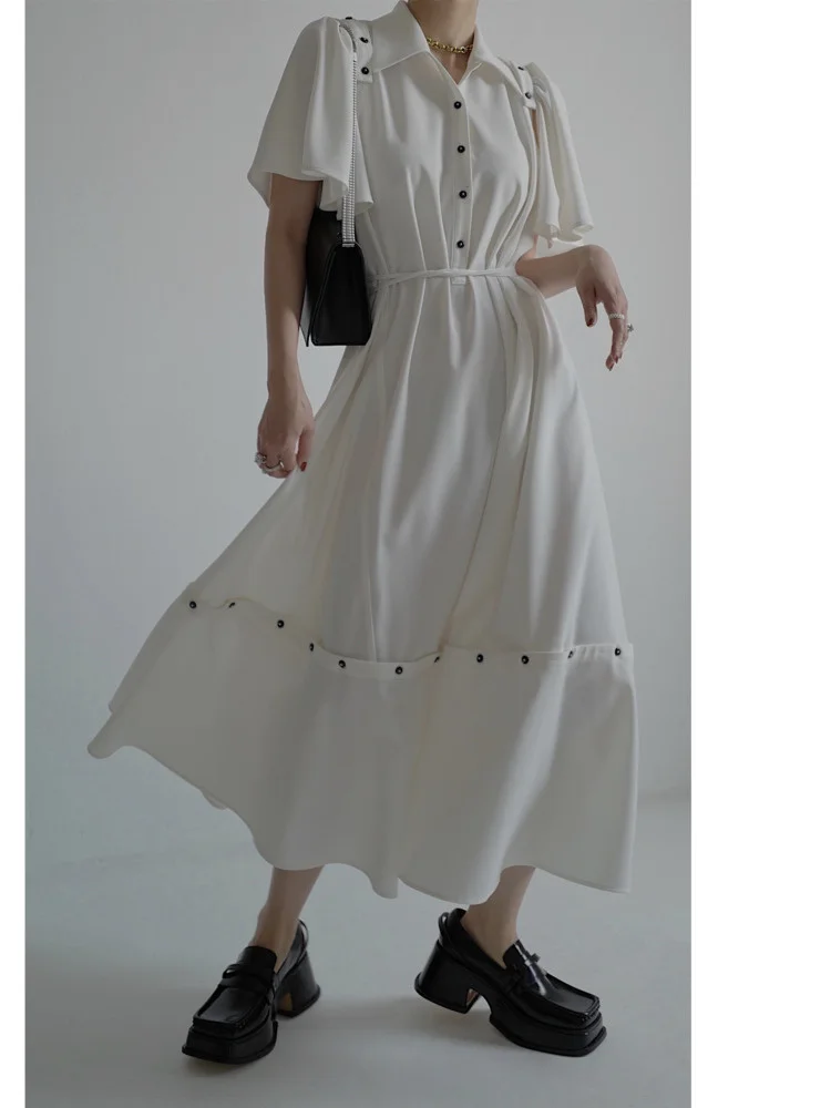 

IEQJ Women Elegant Temperament Design Sense Four Wear White Lotus Leaf Lace Dress New Lapel Loose Fashion Spring Autumn 2021