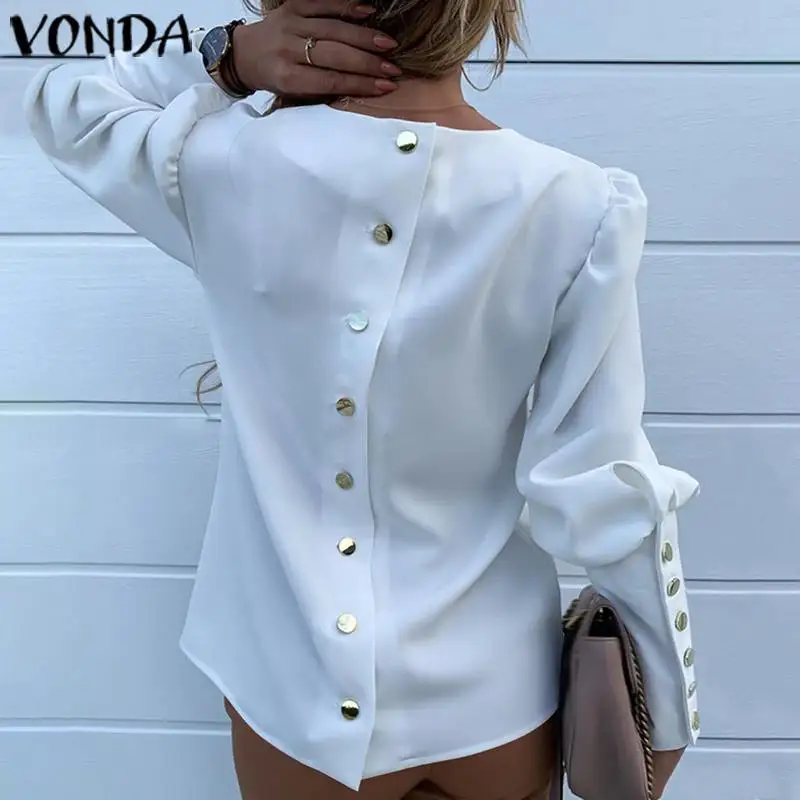 VONDA, Офисная Женская блузка на пуговицах сзади, женские рубашки, Сексуальные вечерние топы, осень, богемная туника, повседневные свободные блузы размера плюс