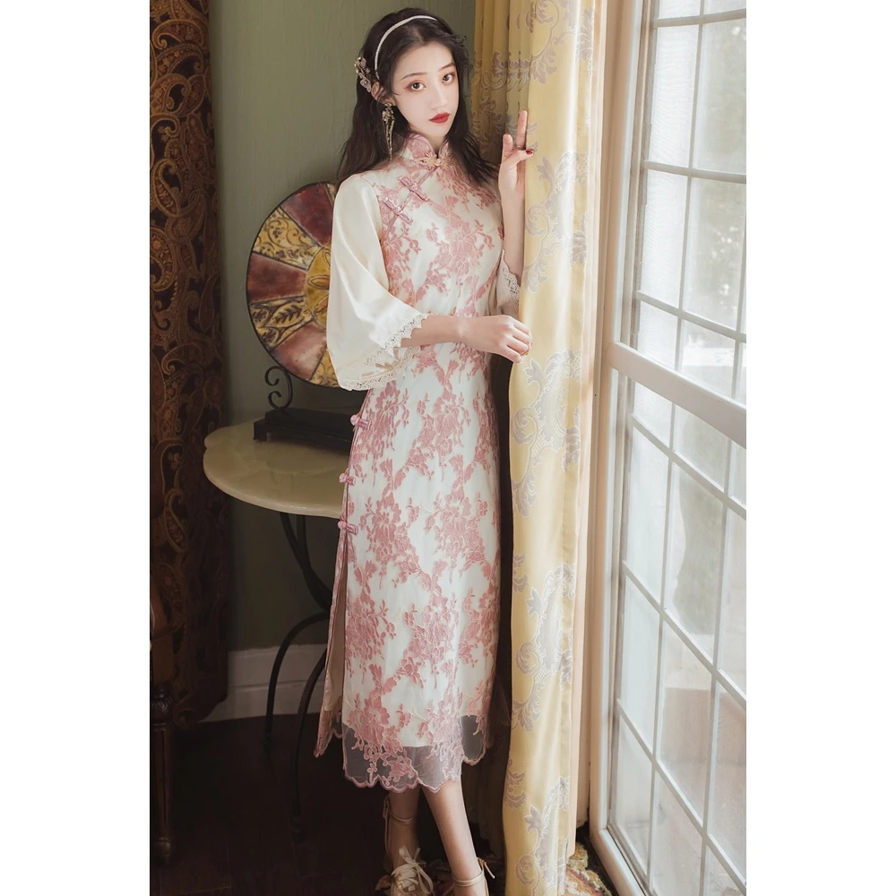 

2020 Summer New Spot Shot Chinese Traditional Embroidery Improved Cheongsam Dress Slim Vintage Bubble Sleeve Aristocratic Dress