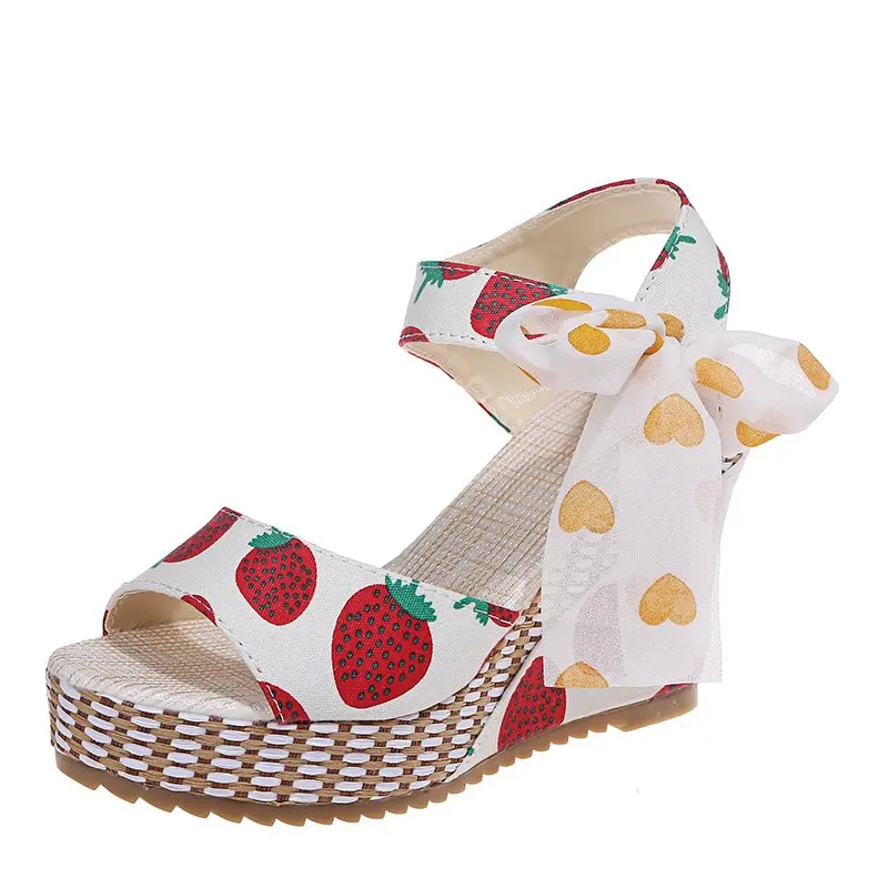 

New Korean Style 2021 Summer Women Fruit Wedges High Heeled 10CM Sandals Platform Sandalis Mujer Ladies Slingback Shoes Size 35