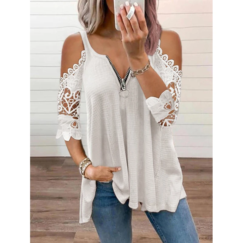 

Sexy Summer Half Sleeve Lace Shirt Women Casual Zipper V Neck Loose T Shirt Plus Size Hollow Out Sling Elegant Pullover Tops