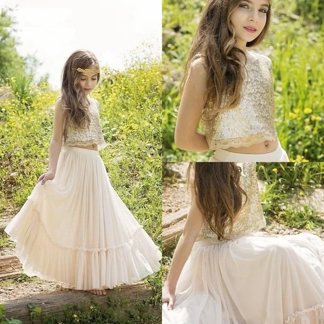 Formal Kids Rose Golden Sequin Two Pieces Skirt Flower Girls Dresses Lace Child Birthday First Communion Princess Gowns