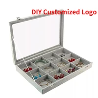 gray velvet 12 grids carry case with glass lid jewelry ring display stand storage box holder organizer ring earrings