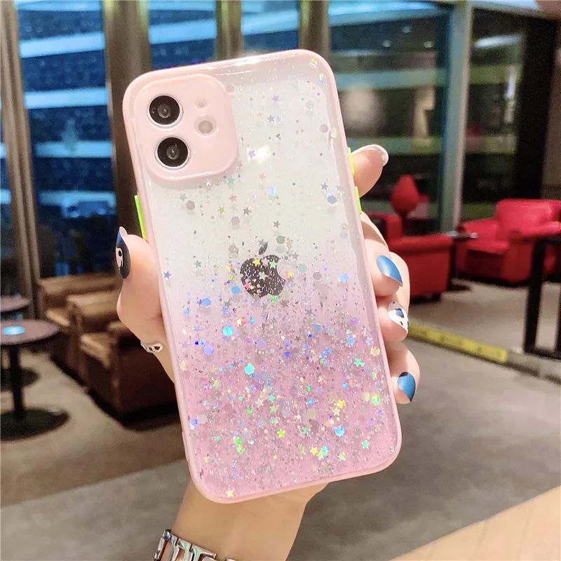 

Clear Shiny Gradient Glitter Phone Case For iPhone 12 11 Pro Max 7 8 Plus X XS Max XR SE 2020 Camera Protection Matte Back Cover
