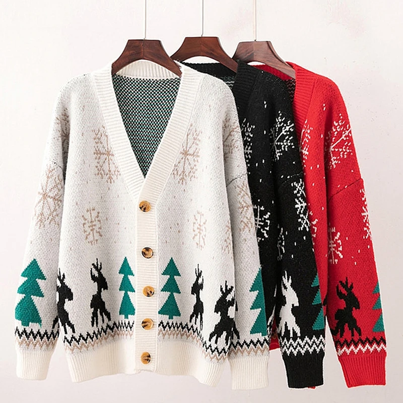 

Plus Size Winter Christmas Sweaters Womens Knitted Sweater Lady Casual Loose Snowflake Elk Print Christmas Cardigan Outwear 2020