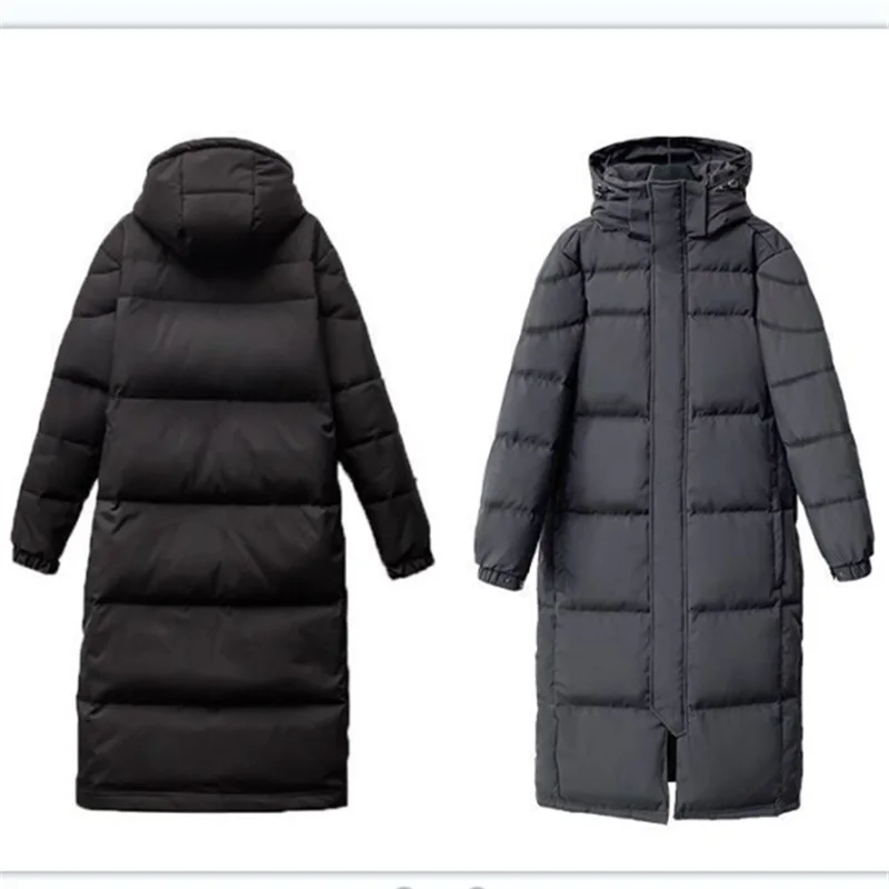 Winter Parka Coat Thickened Woman New Solid Color Hooded Zipper Pocket Over The Knee Long Cotton Clothing Warm Simple Commuter