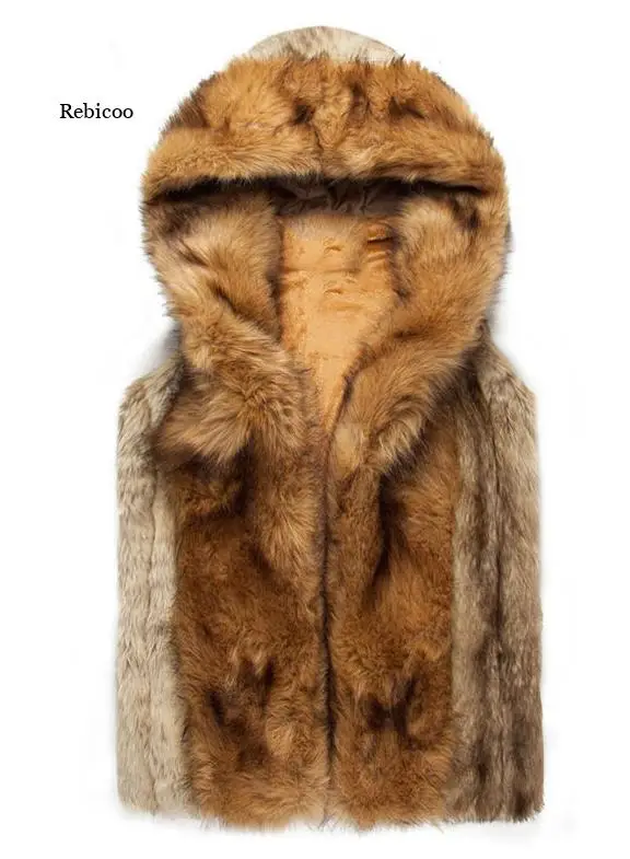 

Winter Men Fur Vest New Thick Fur Hooded Hoodie Men Waistcoats Male Sleeveless Outerwear Coat Vests Fashion Plus Size