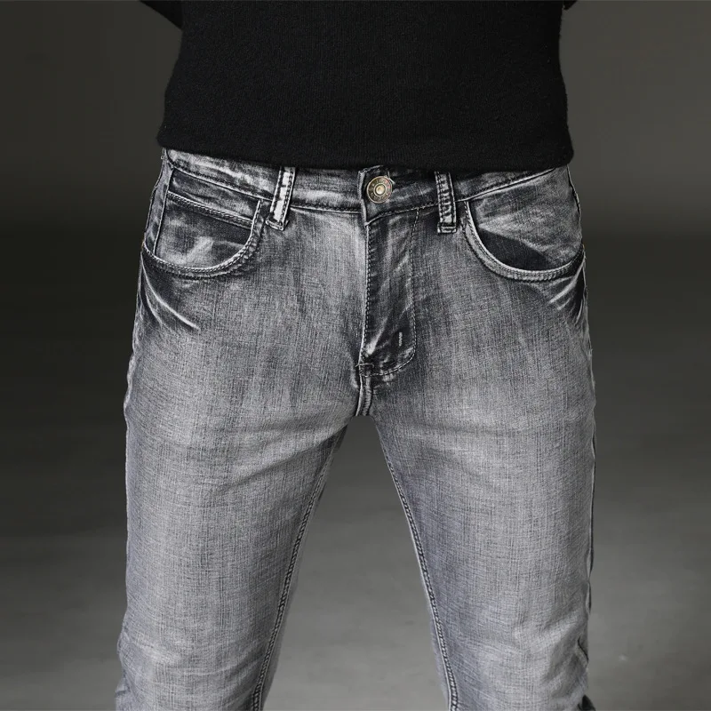 

2020 men new elastic straight young light gray light color jeans cultivate one's morality cowboy pants contracted