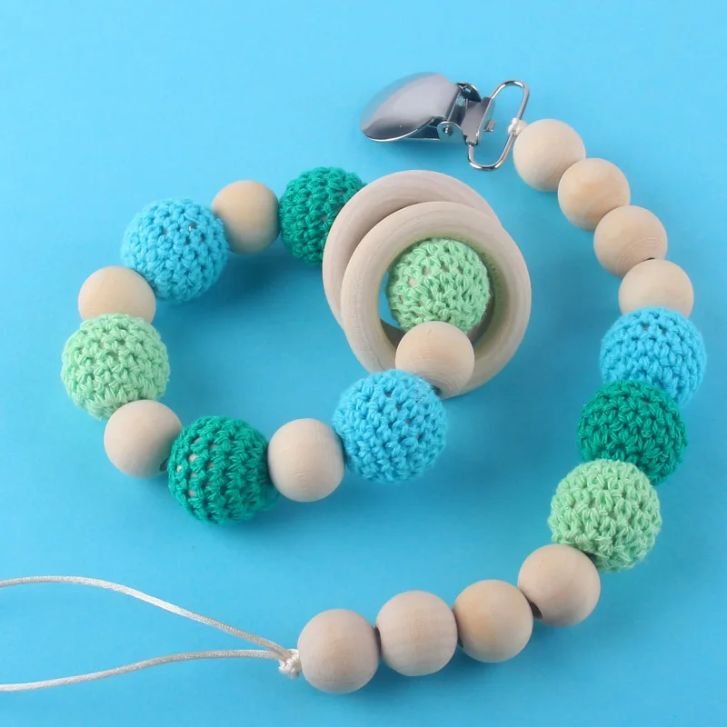 Синий XCQGH Baby Beech кроше деревянный Соска с бусами цепи детский браслет молярные бусины анти-Падение детский браслет цепочка с зажимом для соски-пустышки - Цвет: Синий