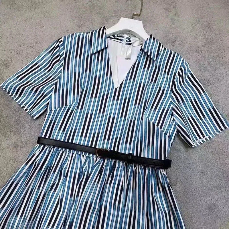 

2021 Summer Woman's Dress With Belt Printed Striped Peplum Casual A Line