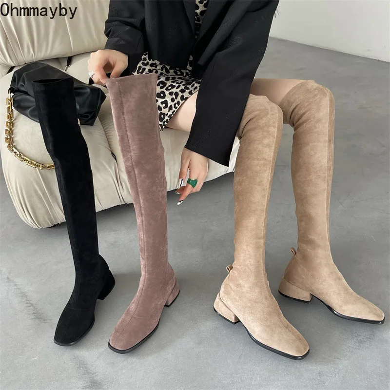 

Женские замшевые сапоги выше колена, черные сапоги до бедра, без застежки, на каблуке, зимний сезон