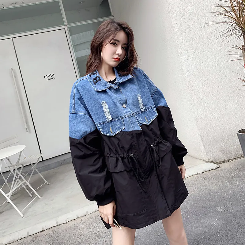 

2020 Fashion Spring Autumn Loose Contrast Stitching tooling Denim Trench Coat Large Size Women's Clothing g272