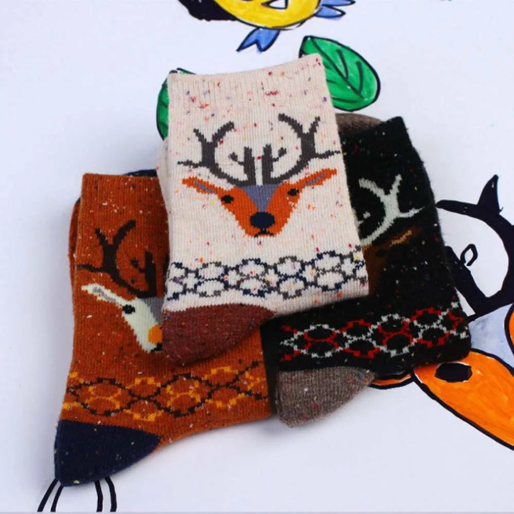 

3 Pairs Lot Pack Women Socks Winter Cartoon Animal Elk Deer Fox Owl Wolf Thicken Warm Tweed Yarn Soft Cut Comfortable Wool Socks