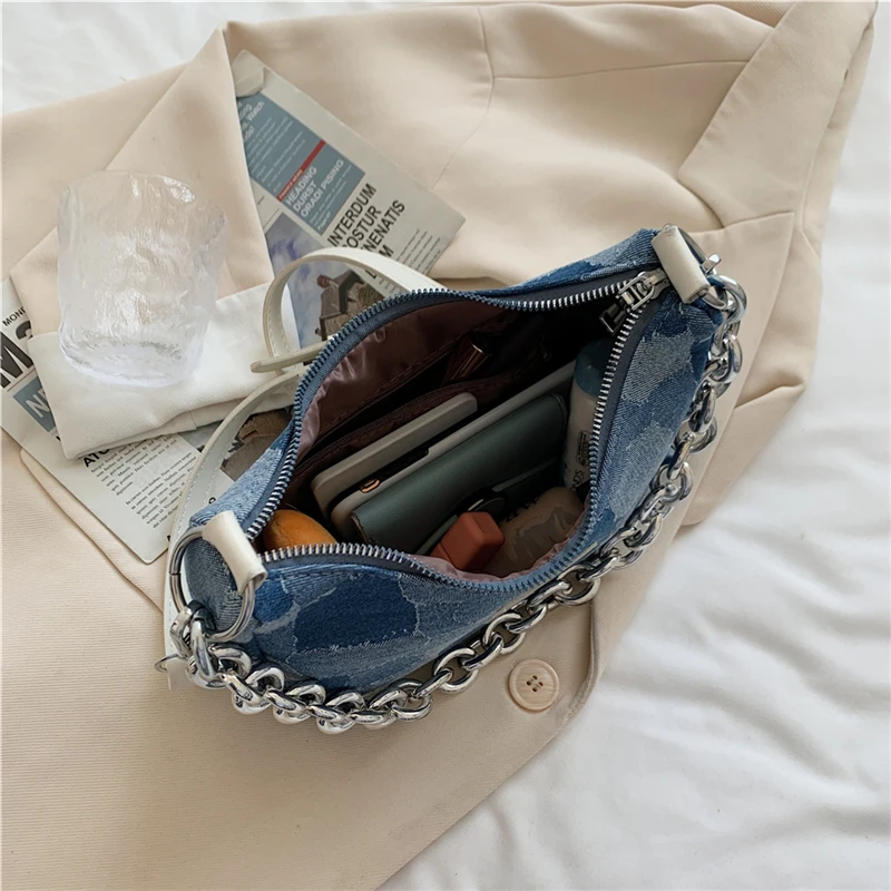 

Women Jeans Chain Crossbody Bags Denim Stitching Handbags Female Simple Canvas Messenger Bag Retro Designer Small Shoulder Bags