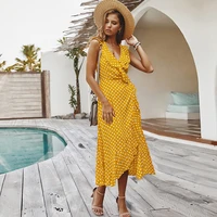 wyblz sleeveless summer women dress boho style beach dress fashion v neck polka dot elegant party dress yellow sundress vestidos