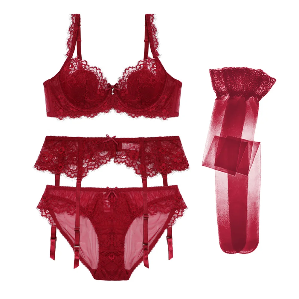 Комплект сексуального кружевного нижнего белья бюстгальтер трусики чулки