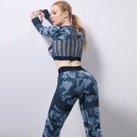 seamless yoga set camouflage hollow out clothes gym leggings breathable sportswear long sleeved fitness yoga suit women