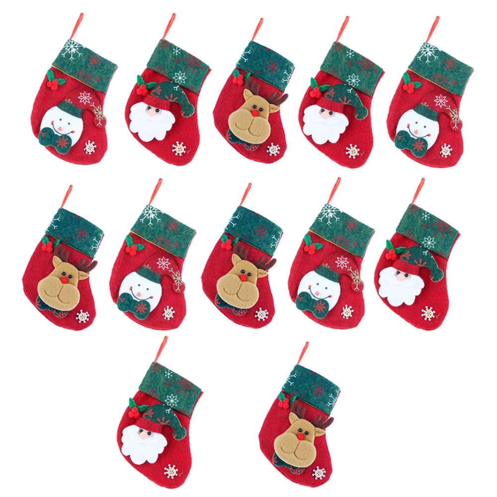 

12pcs Small Christmas Stocking Pendant Santa Claus Snowman Elk Candy Present Storage Bag Xmas Tree Fireplace Hanging Socks