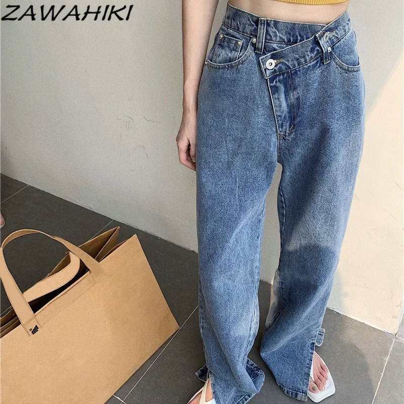 

ZAWAHIKI Korean Fashion Casual Jeans Women Summer High Waist Loose Straight Wide Leg Pants Split Fork All-match Long Denim Jeans