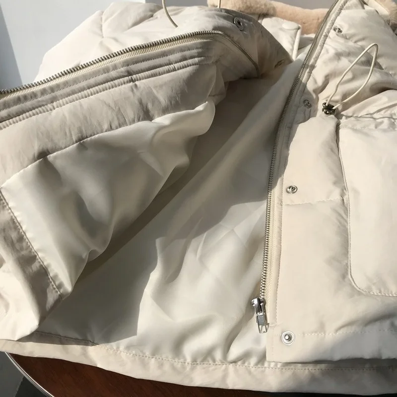 Korean Elegant Thick Cotton Coat Womens Outerwear Faux Rabbit Fur Lapel Warm Jackets Female Drawstring Waist Coats New Winter