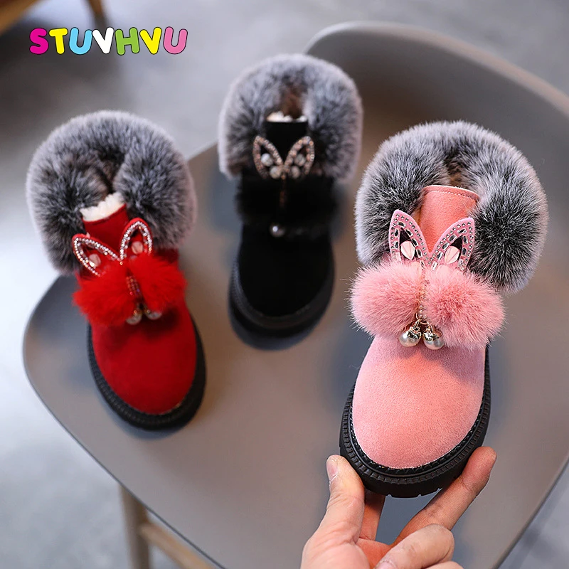 

2020 Winter New Girls Snow Boots Children Shoes Flat Rhinestone Leather Girls Princess Boots Thicken Plus Velvet Warm Kids Boots