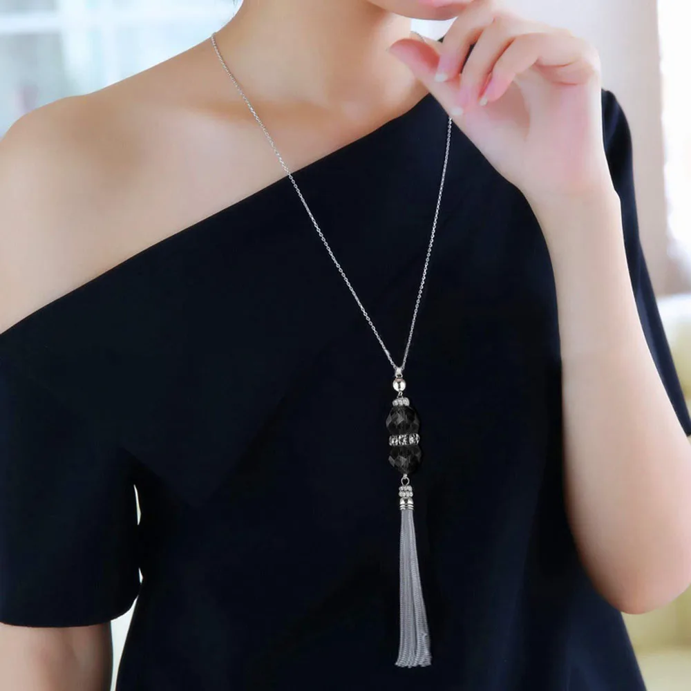 

Hot Crystal Bead Sweater Chain Necklace For Women Fashion Silver Color Tassel Pendant Long Necklace Statement Neck Jewelry