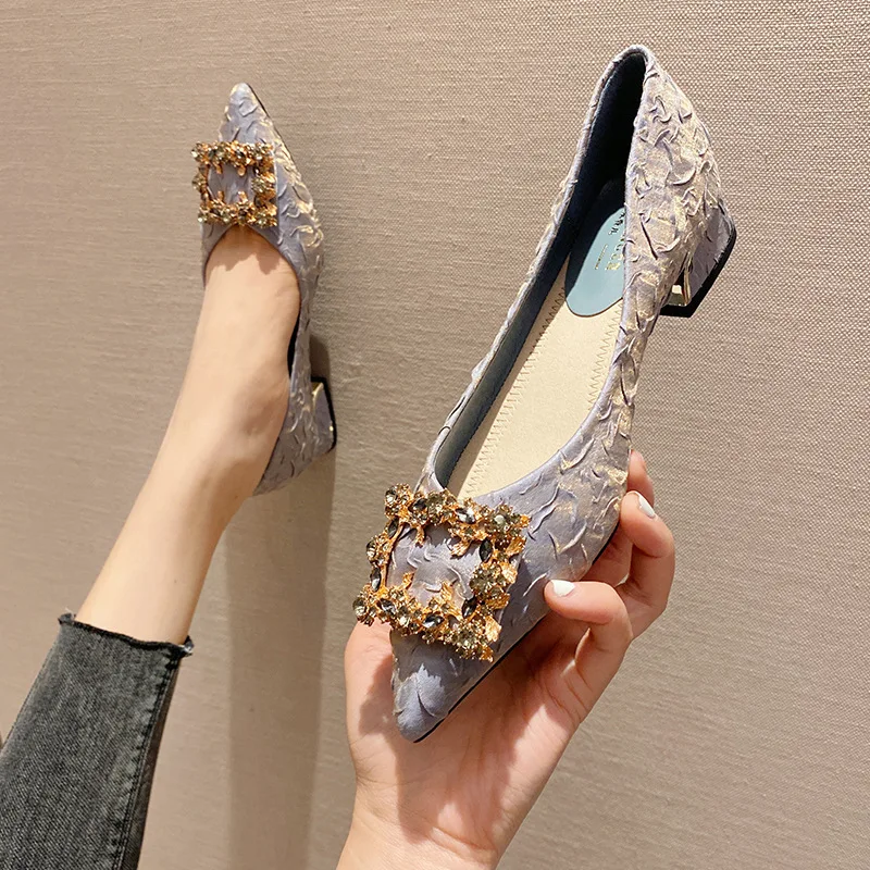 

Ladies Elegant Single Shoes Pointed Toe Fashion Rhinestones Mary Jane Thick Heel Shoes