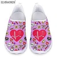 elviswords summer flat shoes women cartoon nurse shoes emt ecg heart print casual slip on footwear air mesh sneaker for female