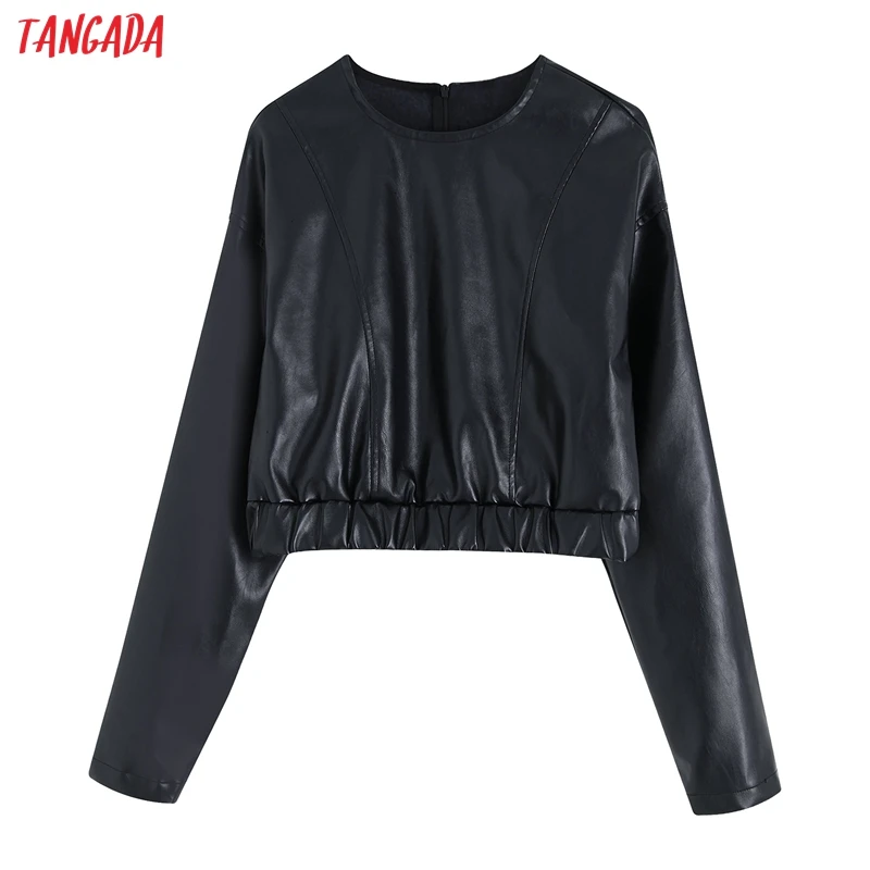 Tangada женские черные майки кроп из искусственной кожи новое поступление с длинным рукавом винтажные женские блузки из искусственной кожи Топы BE31