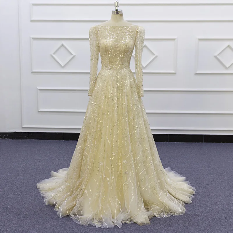 

SJ358 champagne boat neck sequins lace shine real sample Muslim plus size evening dress