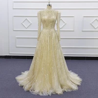 sj358 champagne boat neck sequins lace shine real sample muslim plus size evening dress