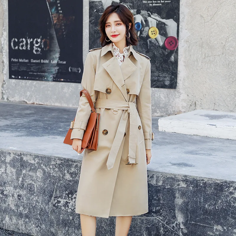 Женский тренчкот с поясом повседневная двубортная ветровка Классическая