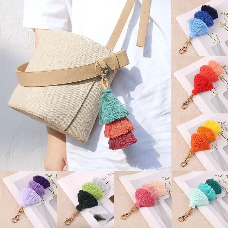 

Ethnic Style Ladies Kkeychain Gold Compact Boutique Luggage Small Pendant Fashion Design Color Tassel Mobile Phone Accessories