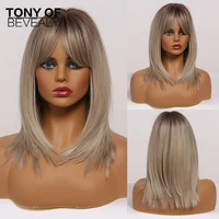 medium length ombre brown to blonde straight hair wigs with bangs synthetic wigs for women cosplay heat resistant natural wigs