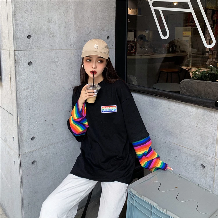 Harajuku футболка женская осенняя одежда корейский стиль полосатый лоскутный рукав футболки женские повседневные футболки Топ