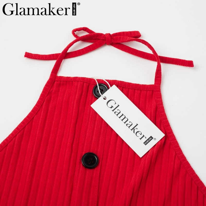 Glamaker сексуальное красное платье с открытой спиной и лямкой на шее, летнее женское платье миди на пуговицах, сексуальные вечерние платья в стиле ретро, Клубное трикотажное платье