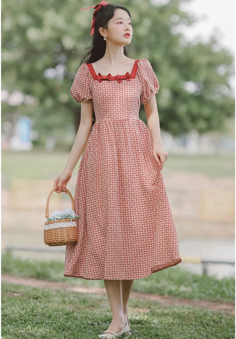 

Summer Sweet Vintage Runway Dress 2021 Women Puff Sleeve Bowknot Cute Square Neck Elegant Literary Red Plaid Dress