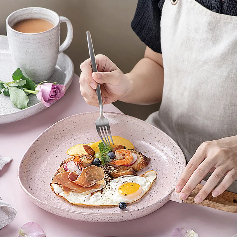 Ретро деревянная ручка круглая керамическая обеденная тарелка неправильная