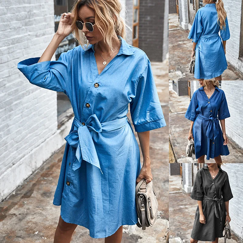 

Fashion Trend Women Half Sleeve Denim Dresses Single-breasted Bow Sash Slim Casual Dress Women Split Autumn Midi Dresses