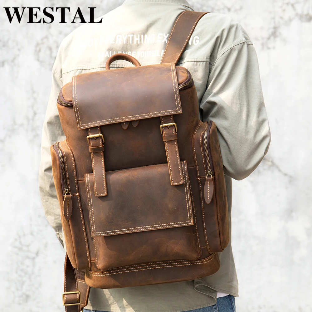 

WESTAL Men's Backpack Crazy Horse Genuine Leather Male Backpack Fit 15inch Laptop Bag For Men Handbag Retro Men's Shoulder Bag