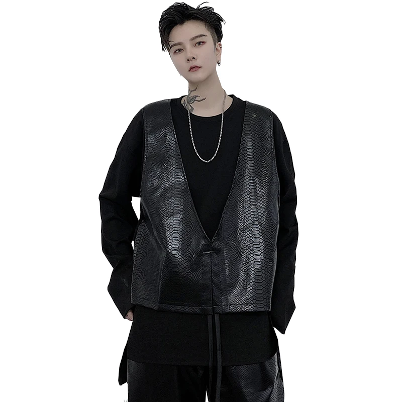 

Male Streetwear Hip Hop Punk Gothic Hoodie Sweatshirt Men Snakeskin Pattern leather Vest Splice Long Sleeve Pullover Sweatshirt