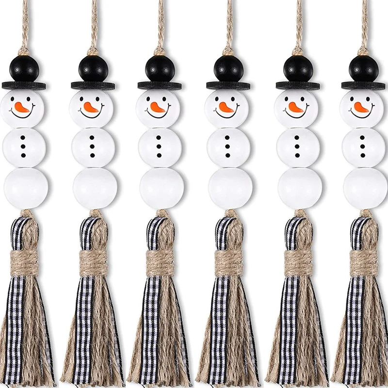

6 Pieces Snowman Bead Garland Christmas Tree Ornaments Xmas Wooden Farmhouse Bead Rustic Hanging Bead Plaid Bead Tassel