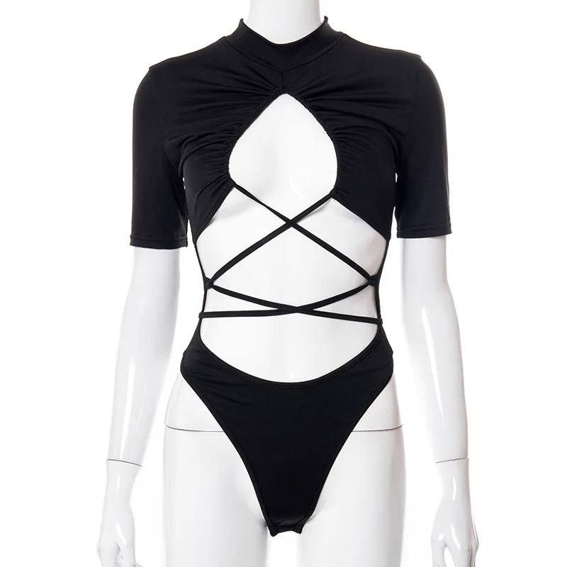 

Fanslan Sexy Bodysuit Black Women Jumpsuits Hollow Out One Piece Body Femme Party Solid Breast Wrap Bodycon Casual Mujer 2021
