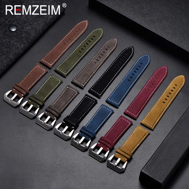 REMZEIM New Black Brown Blue Red Retro Matte Leather Watch Band 18 20 22 24mm Leather Strap Stainless Steel Buckle Watchbands