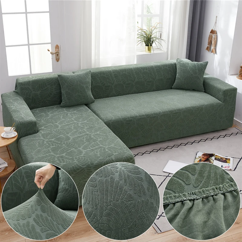 

Jacquard Plush Fabric Green Sofa Cover For Living Room Solid Color All-inclusive Modern Elastic Corner Couch Slipcover 45010